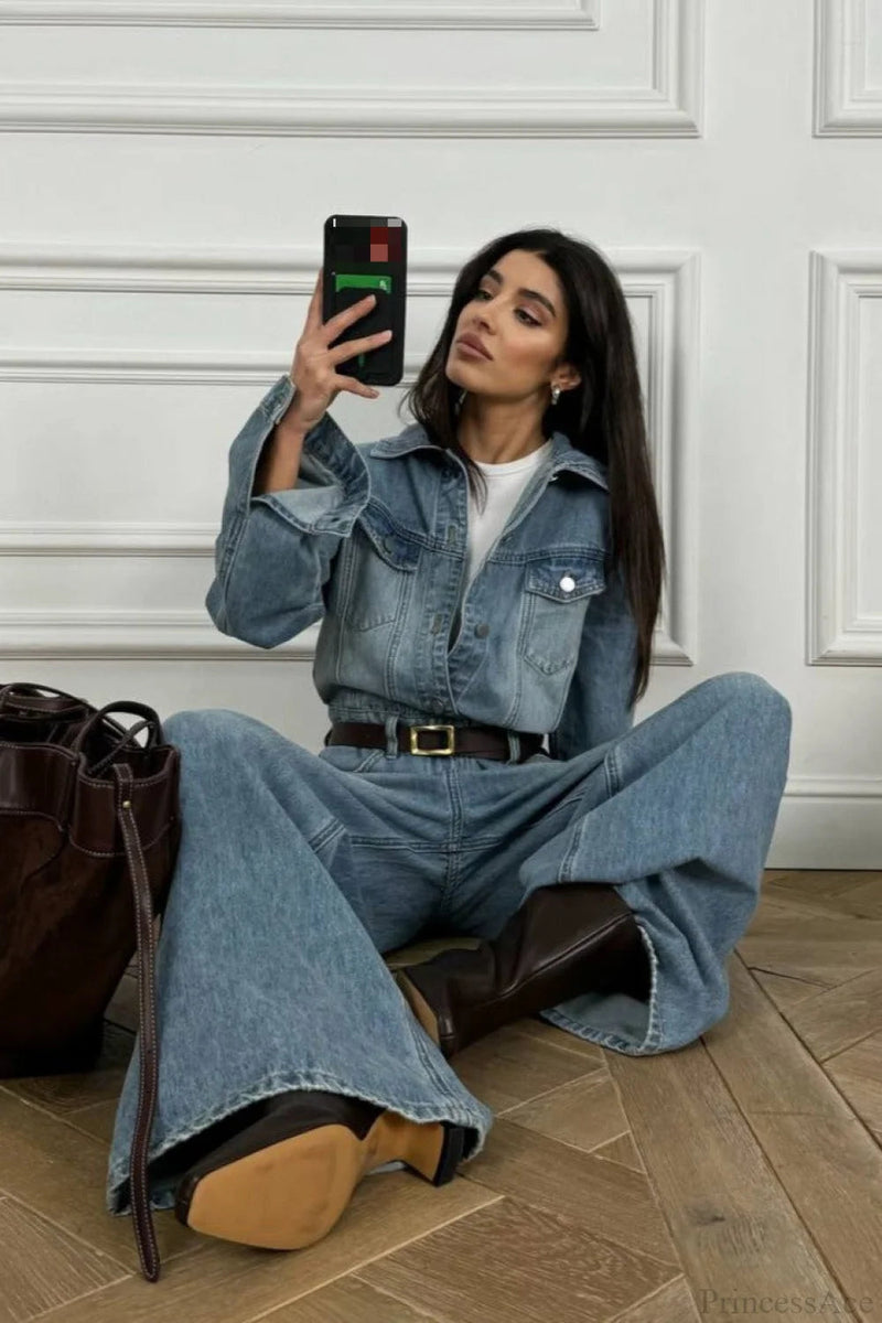 Denim Loose Long Pants Jumpsuit-style Two Piece Set