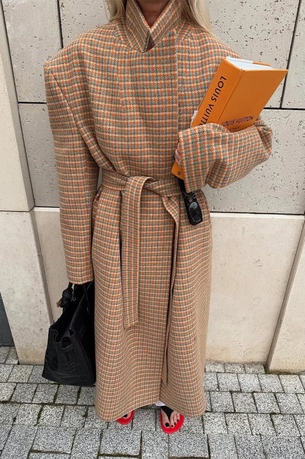 Warm Houndstooth Wool Blend Tie-waist Overcoat