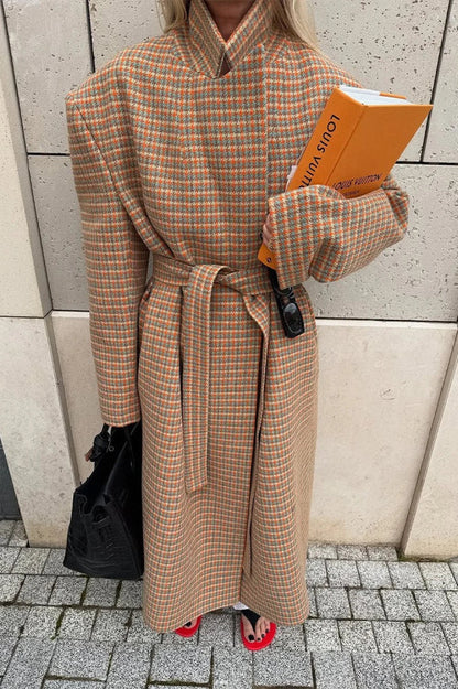 Warm Houndstooth Wool Blend Tie-waist Overcoat