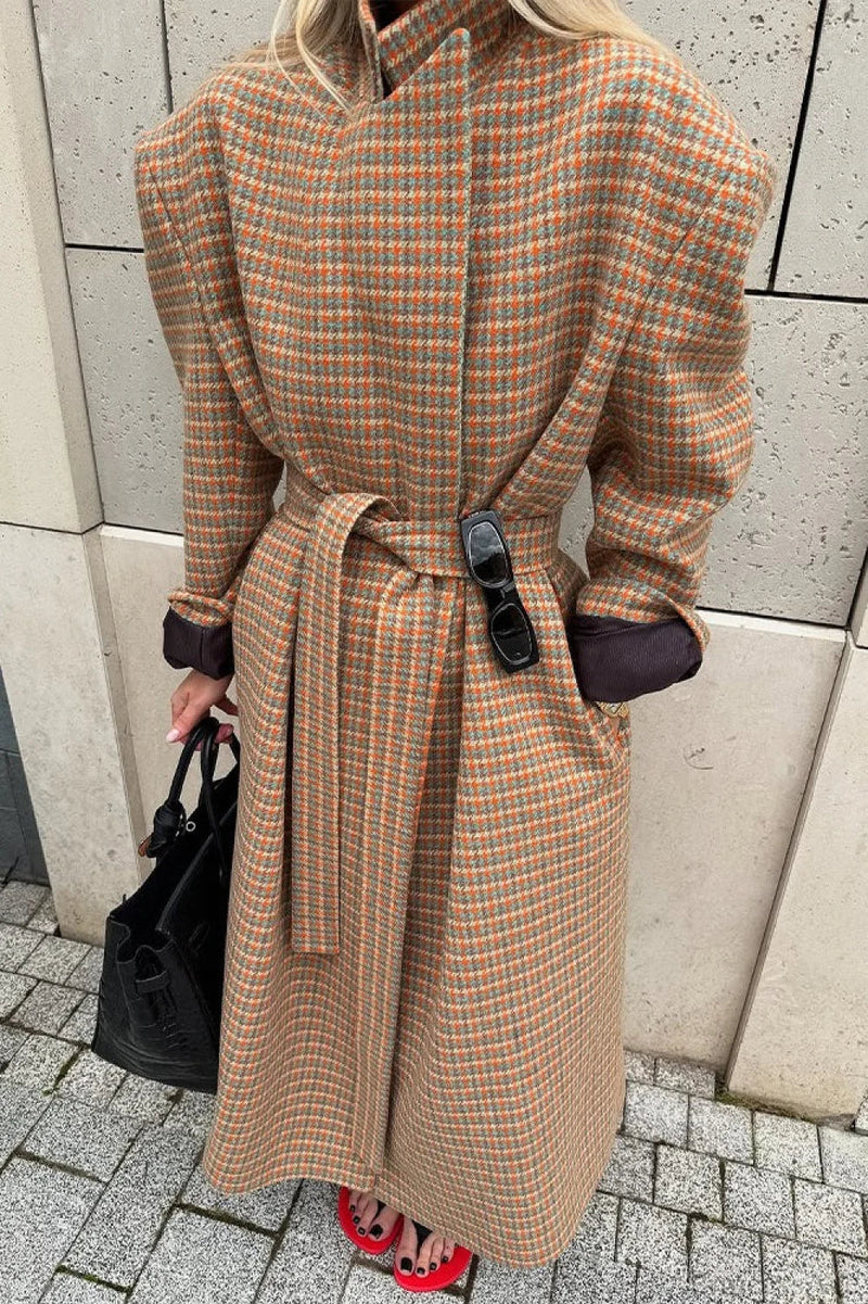 Warm Houndstooth Wool Blend Tie-waist Overcoat