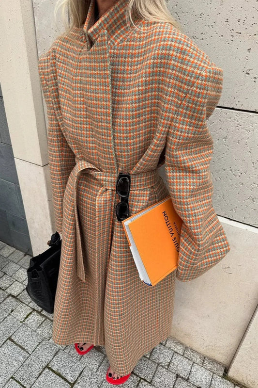Warm Houndstooth Wool Blend Tie-waist Overcoat