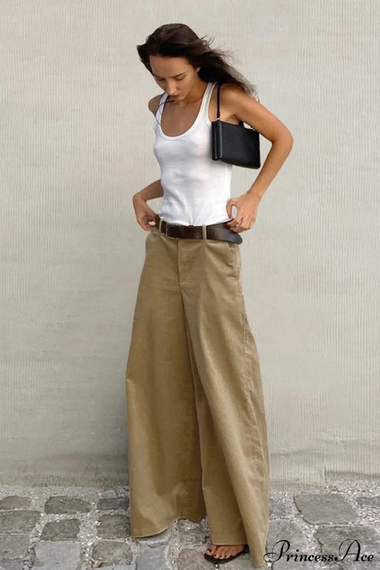 Khaki Corduroy Wide Leg Flared Pants