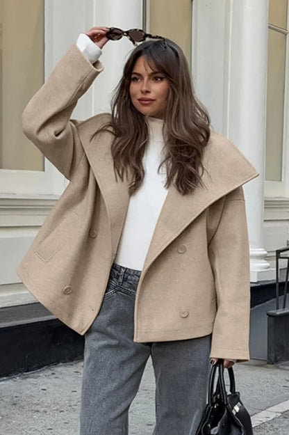Khaki Double Breasted Thickened Wool Blend Coat