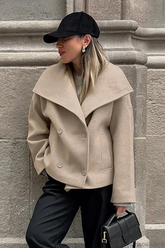 Khaki Double Breasted Thickened Wool Blend Coat