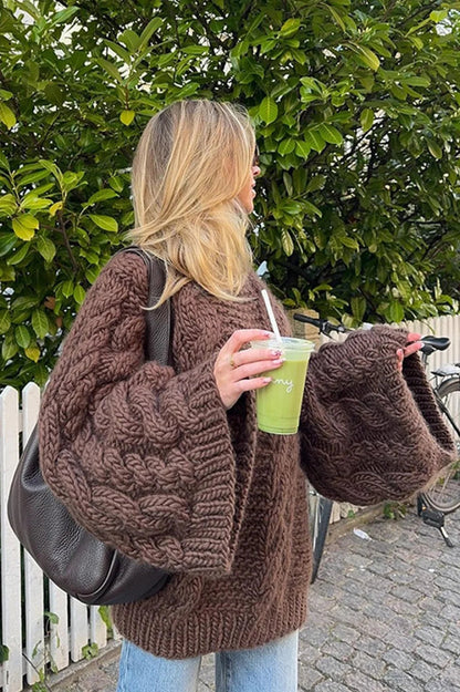 Loose Comfortable Crew Neck Wide Sleeve Cable Sweater