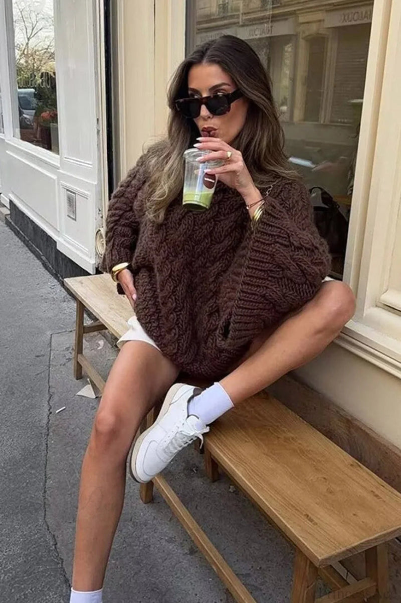Loose Comfortable Crew Neck Wide Sleeve Cable Sweater