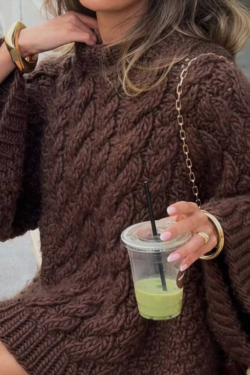 Loose Comfortable Crew Neck Wide Sleeve Cable Sweater