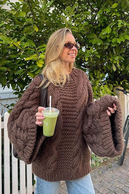 Loose Comfortable Crew Neck Wide Sleeve Cable Sweater