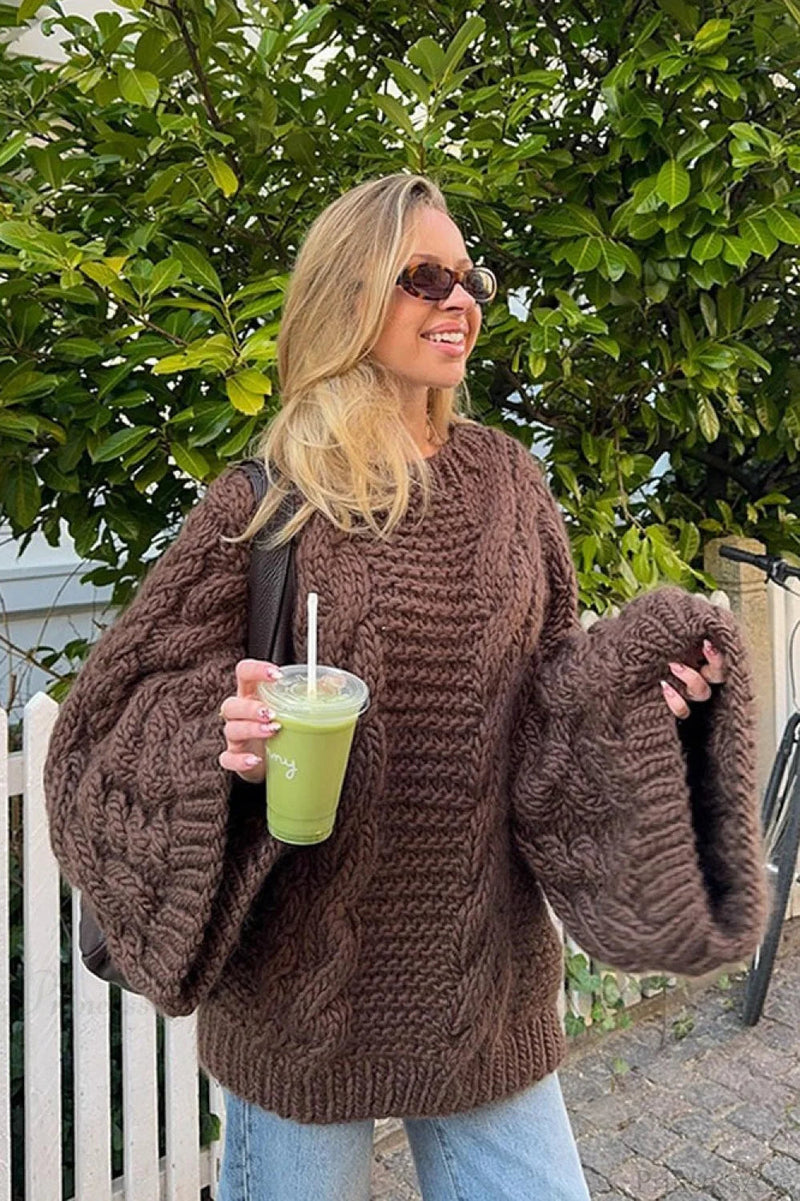 Loose Comfortable Crew Neck Wide Sleeve Cable Sweater
