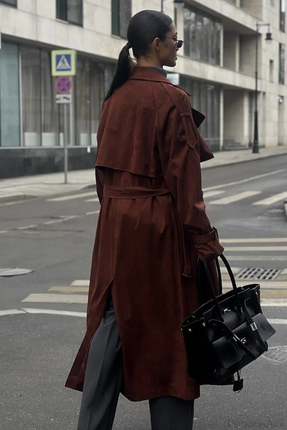 Maillard Notched Collar Suede Tie-waist Overcoat