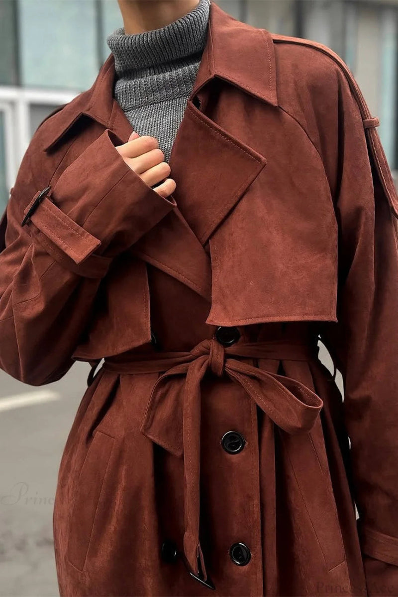 Maillard Notched Collar Suede Tie-waist Overcoat