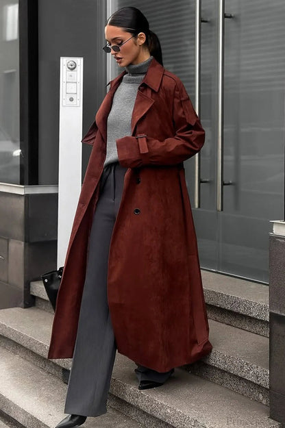 Maillard Notched Collar Suede Tie-waist Overcoat