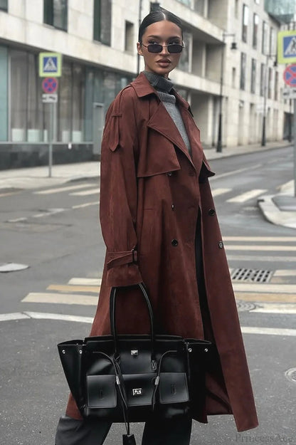 Maillard Notched Collar Suede Tie-waist Overcoat