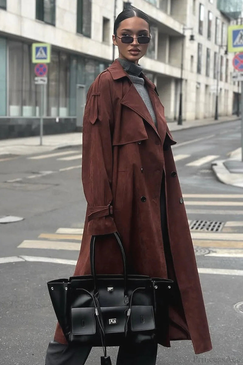 Maillard Notched Collar Suede Tie-waist Overcoat