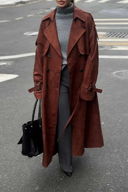 Maillard Notched Collar Suede Tie-waist Overcoat