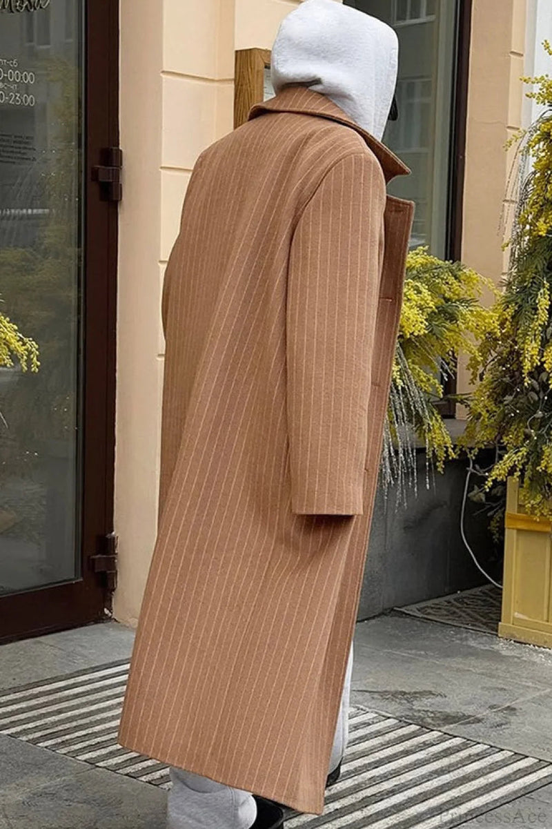 Pinstripe Notched Collar Wool Blend Overcoat