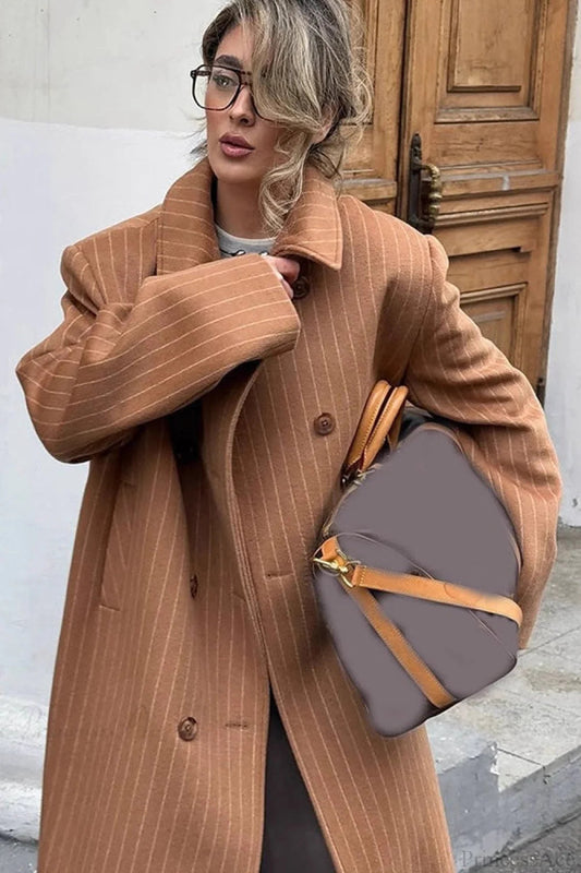Pinstripe Notched Collar Wool Blend Overcoat