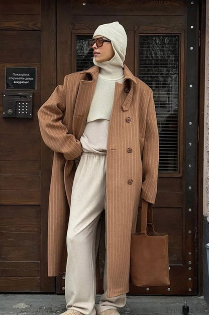 Pinstripe Notched Collar Wool Blend Overcoat