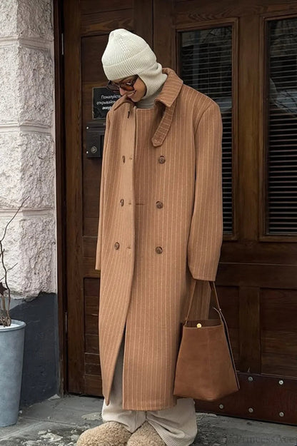 Pinstripe Notched Collar Wool Blend Overcoat