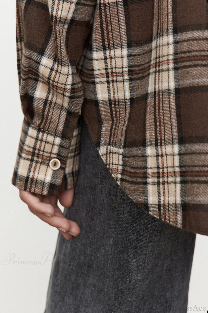 Plaid Pocket Long Sleeve Collared Blouse