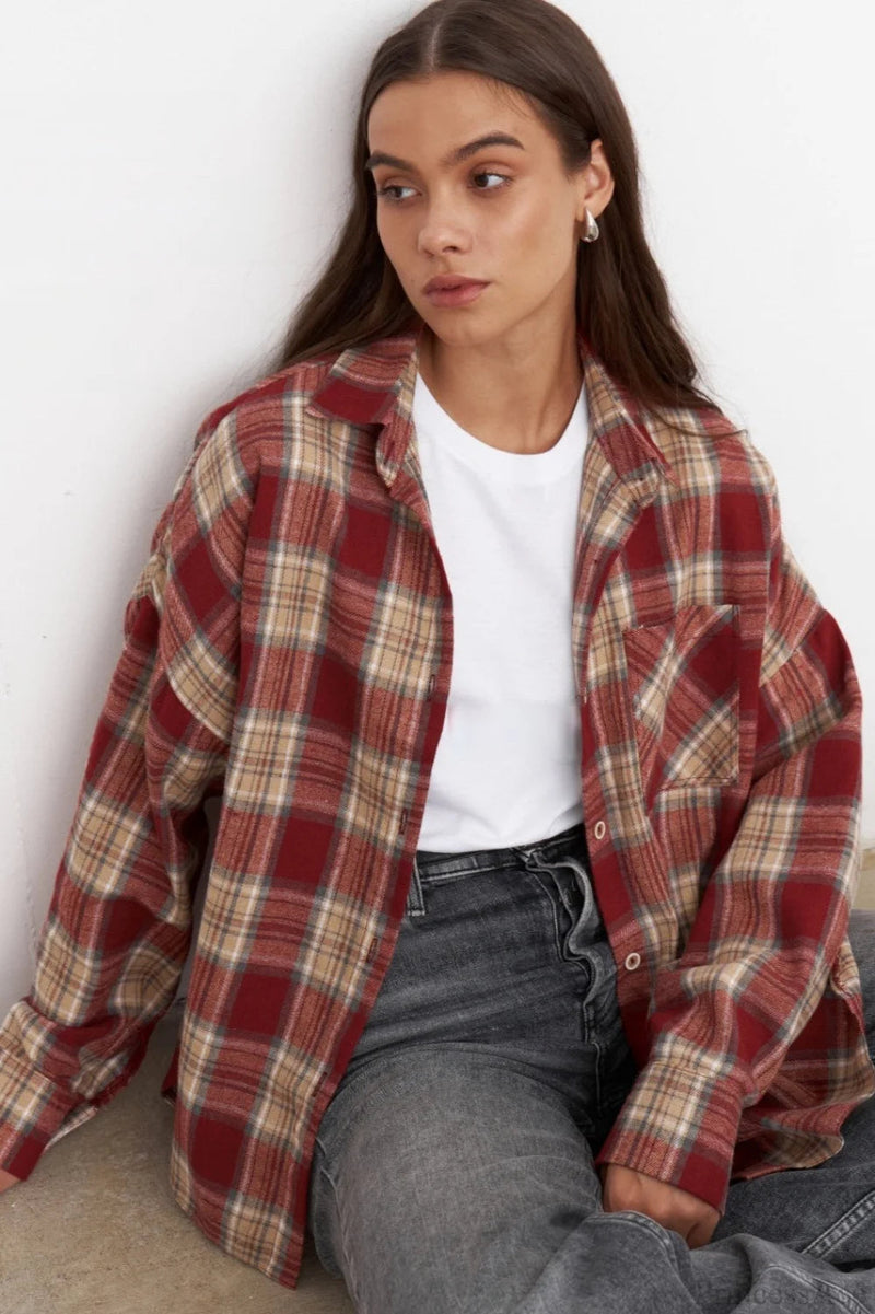 Plaid Pocket Long Sleeve Collared Blouse