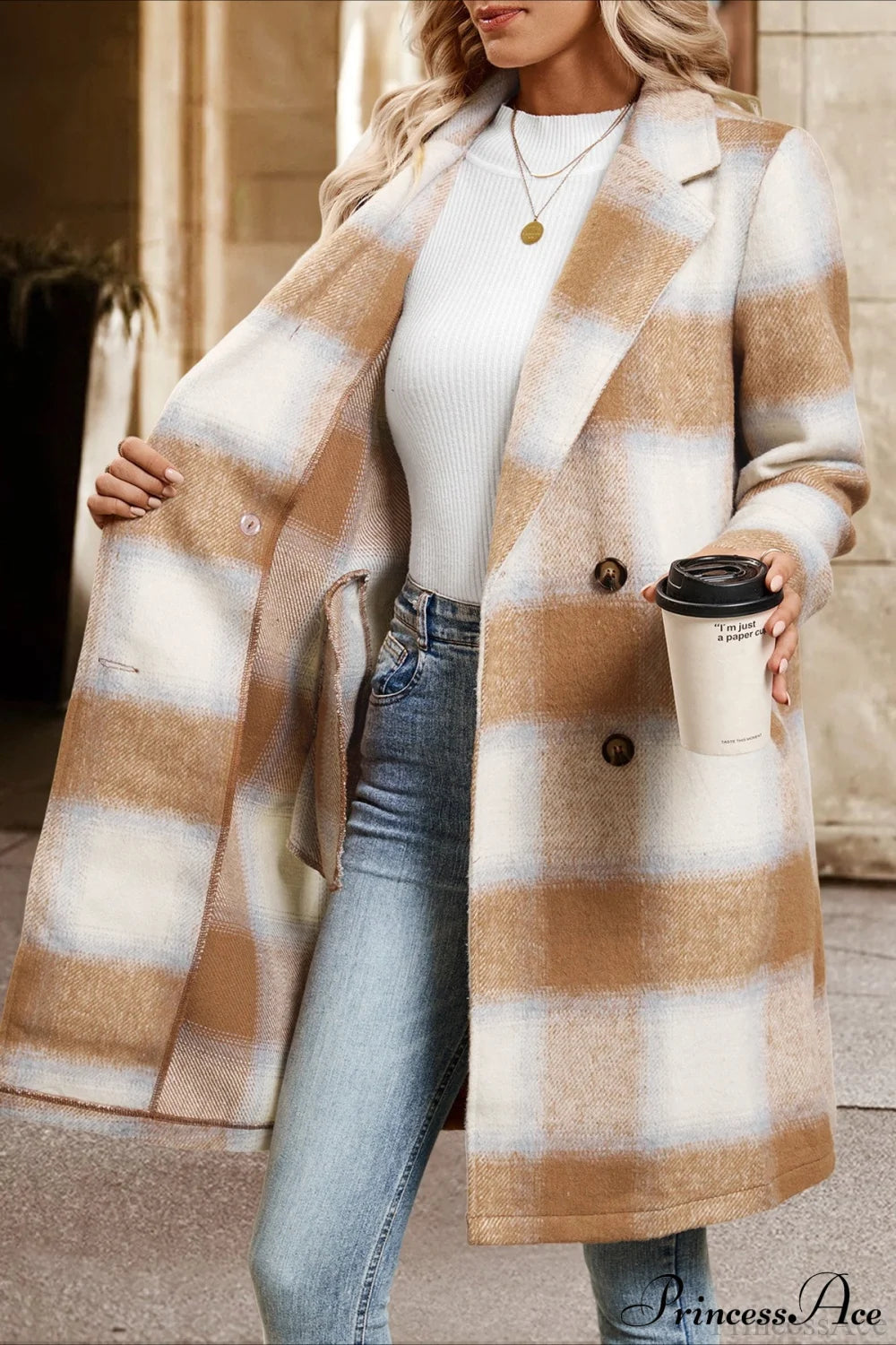 Sanded Plaid Tailored Collar Midi Wool Coat