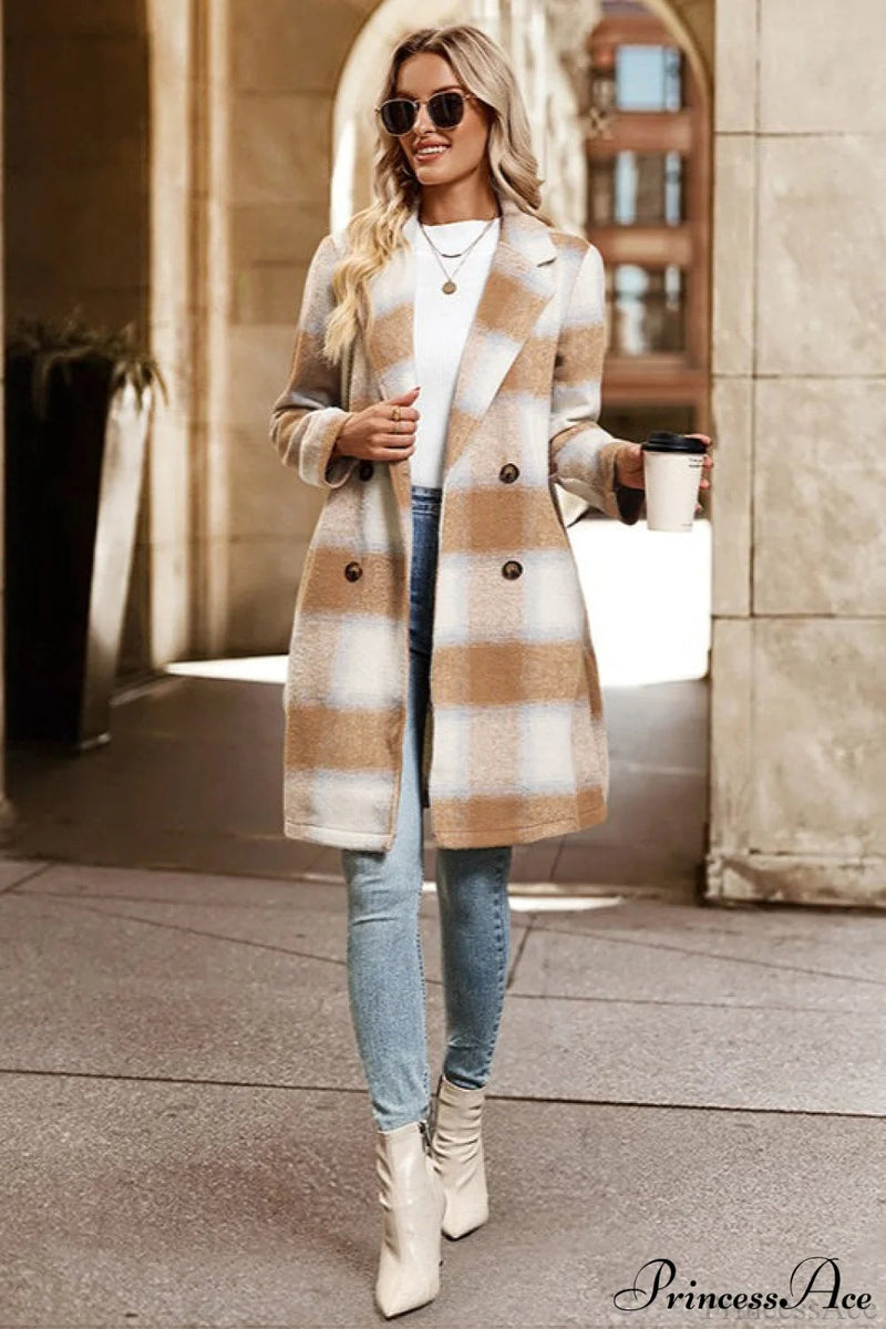 Sanded Plaid Tailored Collar Midi Wool Coat