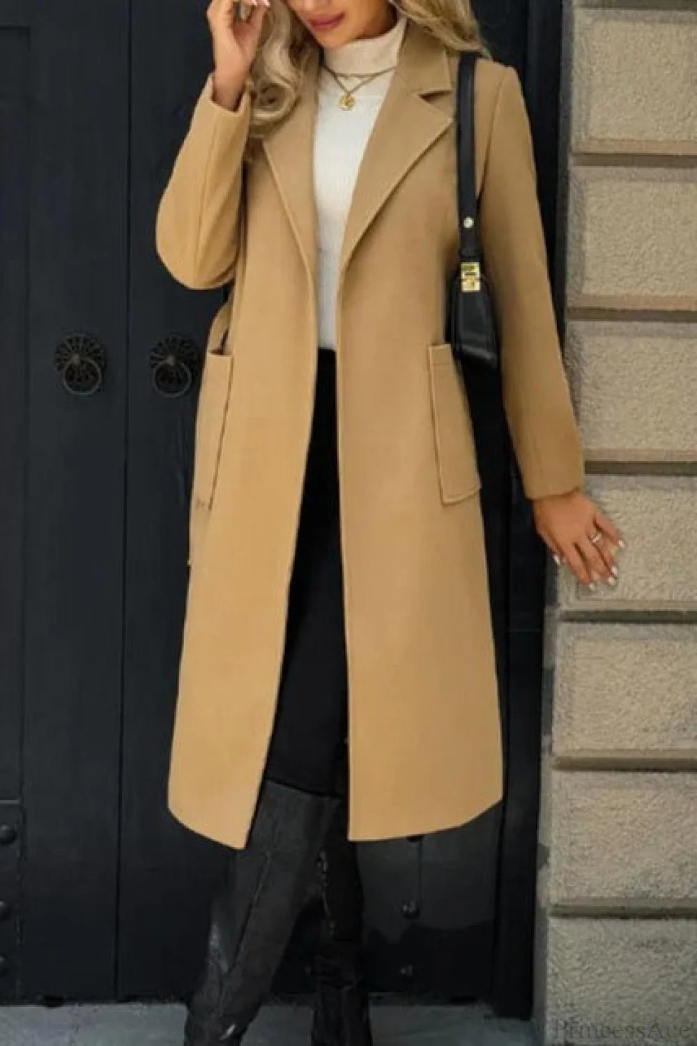 Color Minimalist Tie Waist Wool Blend Notched Overcoat