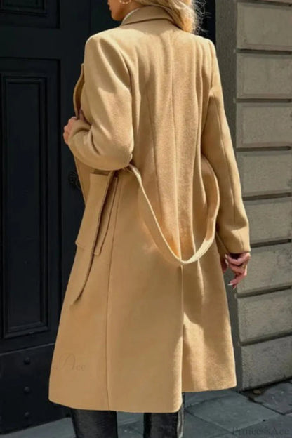 Color Minimalist Tie Waist Wool Blend Notched Overcoat