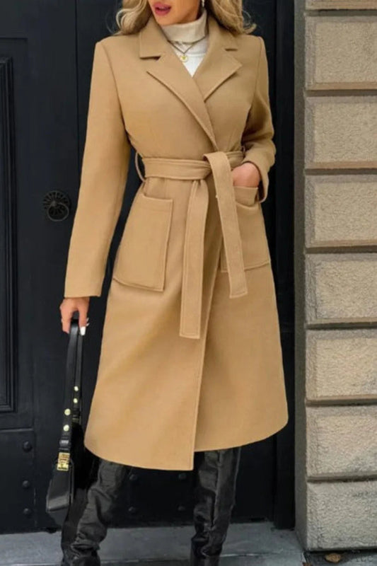 Color Minimalist Tie Waist Wool Blend Notched Overcoat