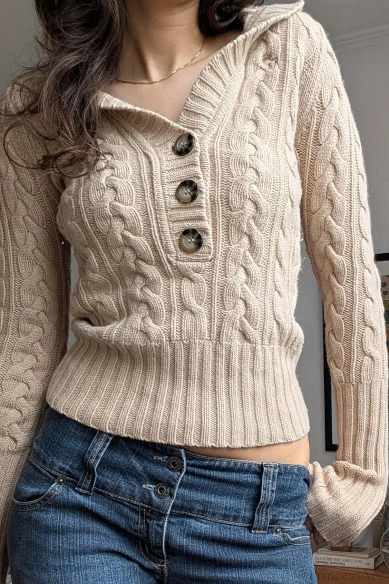 Hooded Cropped Waist Button Long Sleeve Sweater