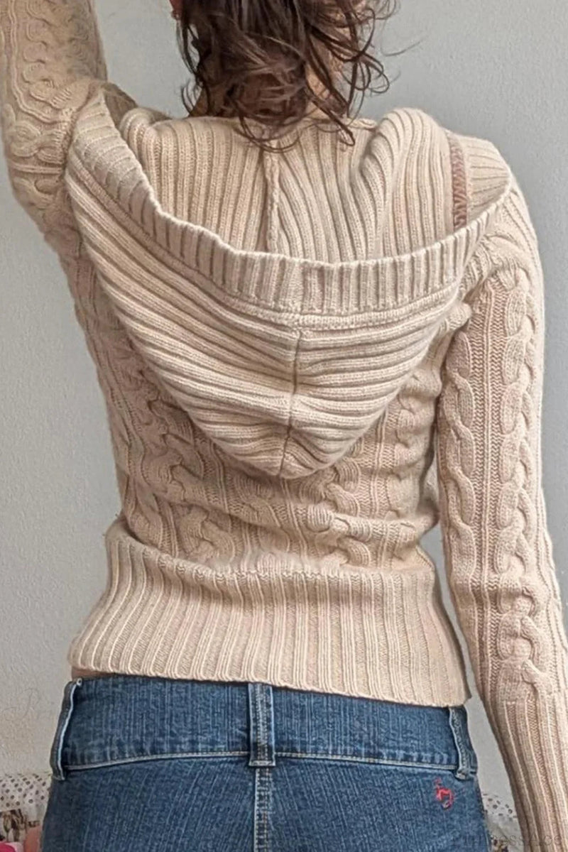 Hooded Cropped Waist Button Long Sleeve Sweater