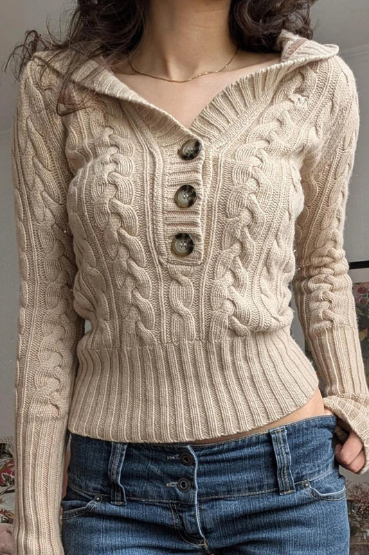 Hooded Cropped Waist Button Long Sleeve Sweater