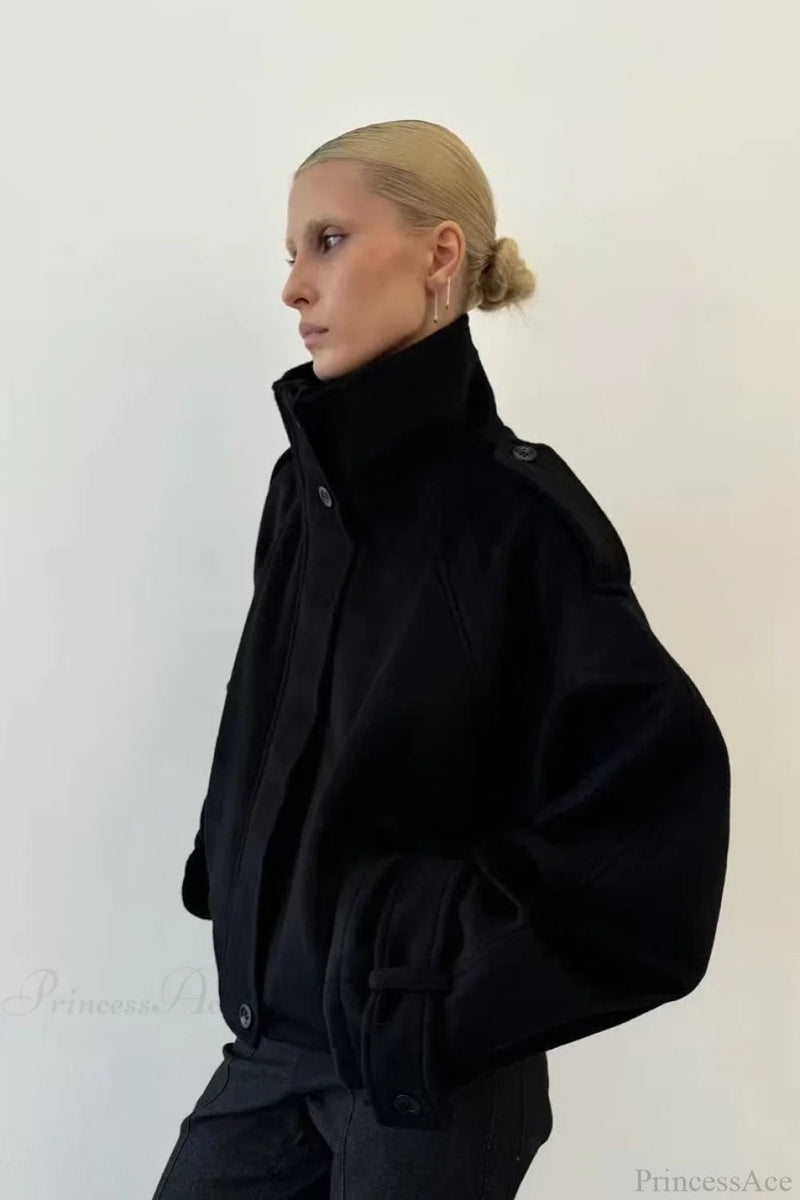 Stand Collar Buttoned Short Wool Coat