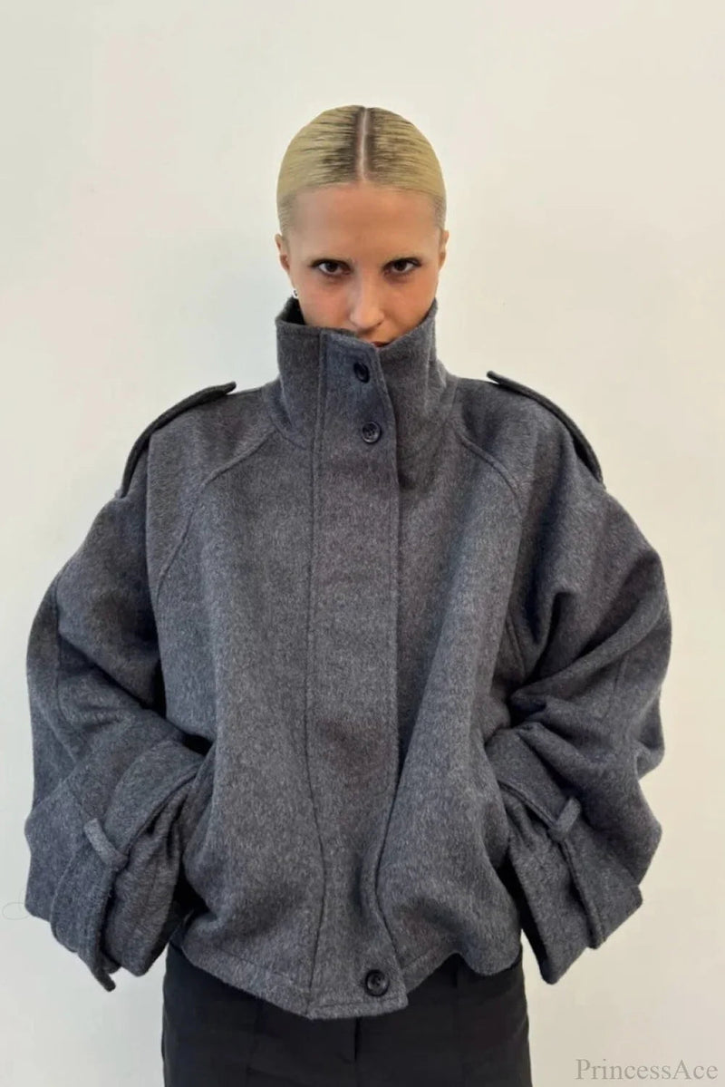 Stand Collar Buttoned Short Wool Coat