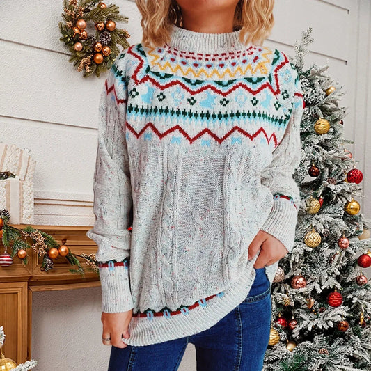 Striped Long Sleeve Jacquard O-neck Loose Christmas Christmas Sweater