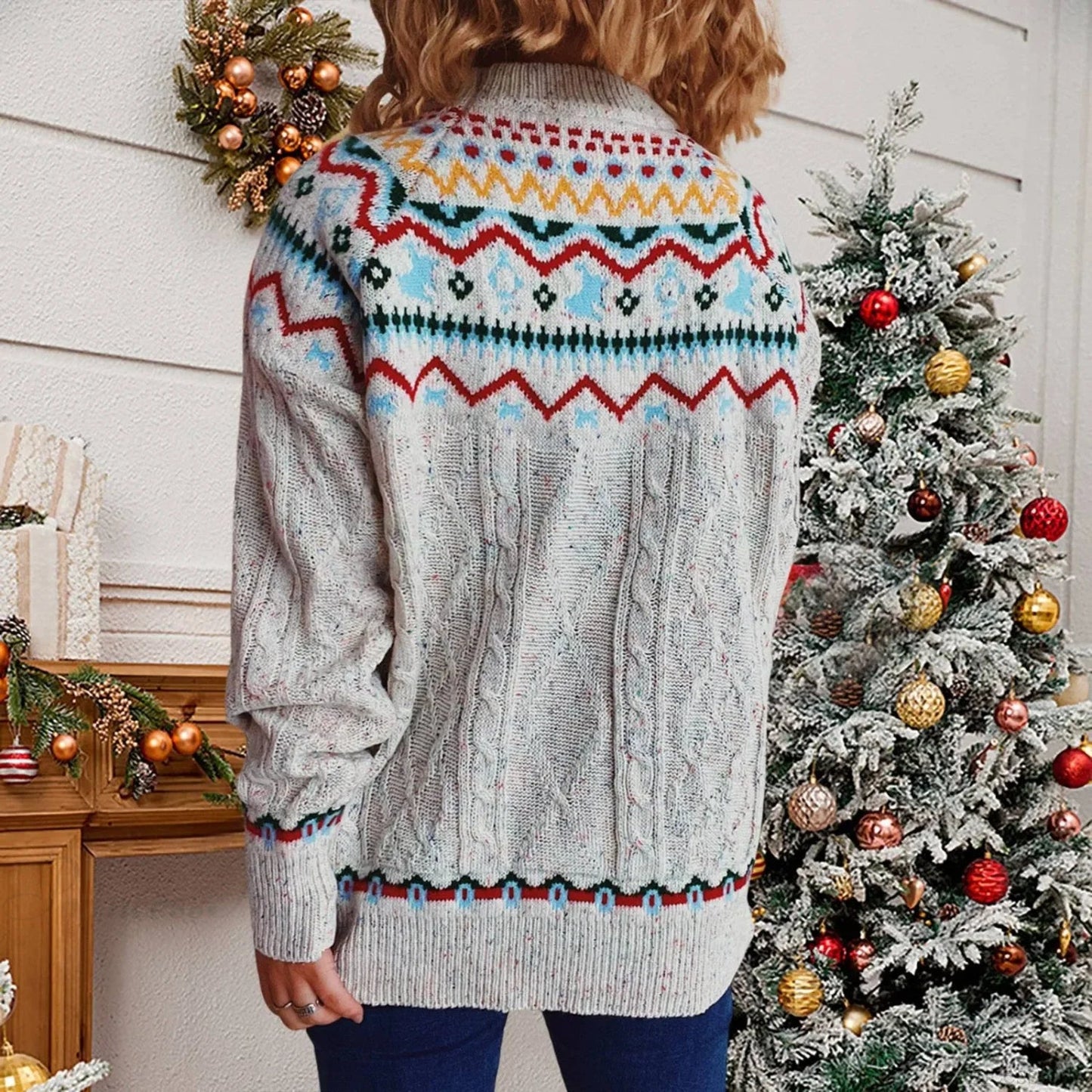 Striped Long Sleeve Jacquard O-neck Loose Christmas Christmas Sweater