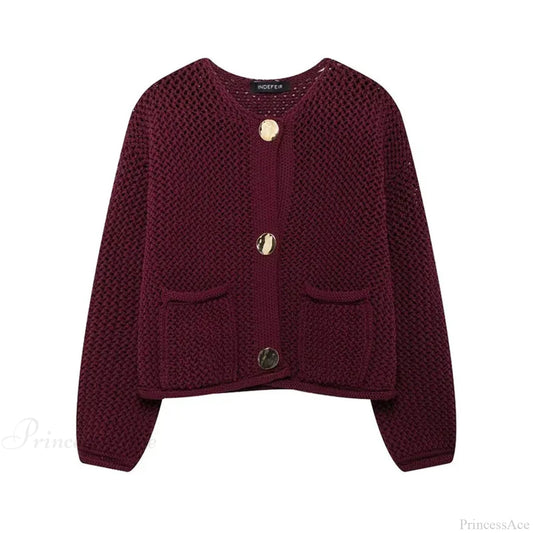 Stylish Cozy Cropped Wine Red Knitted Button Pocket Christmas Sweater