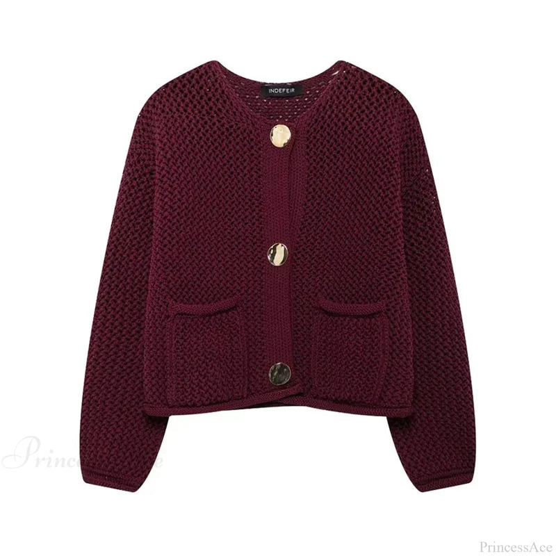Stylish Cozy Cropped Wine Red Knitted Button Pocket Christmas Sweater