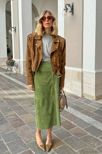 Suede High Waist Midi Pencil Skirt