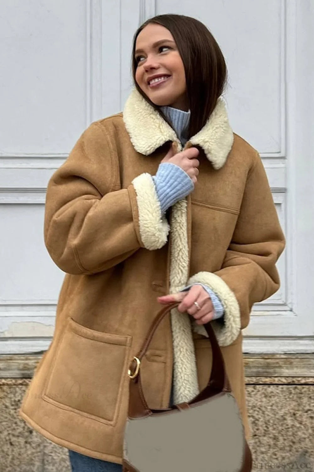 Suede Sherpa-lined Wide Lapel Coat