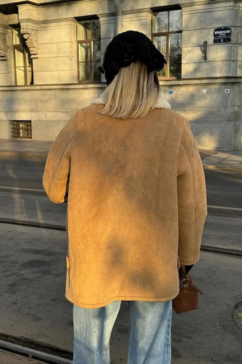 Suede Sherpa-lined Wide Lapel Coat