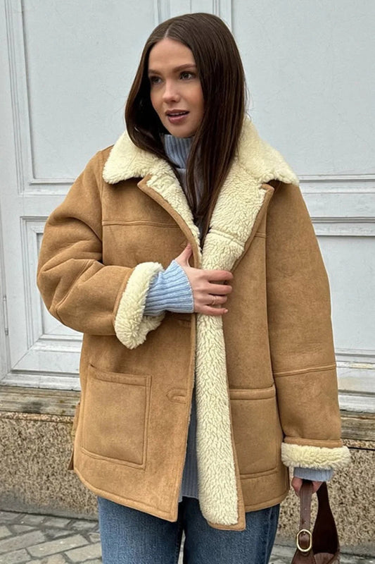 Suede Sherpa-lined Wide Lapel Coat