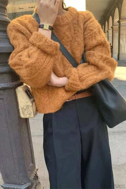 Thick Yarn Cable Loose Crew Neck Sweater
