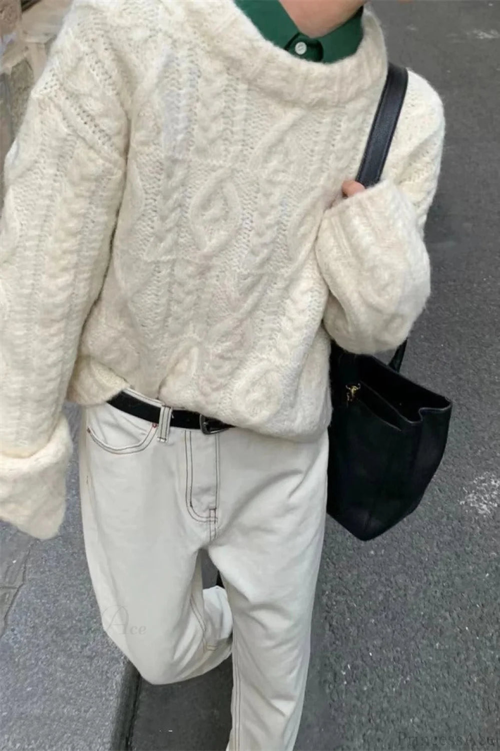 Thick Yarn Cable Loose Crew Neck Sweater