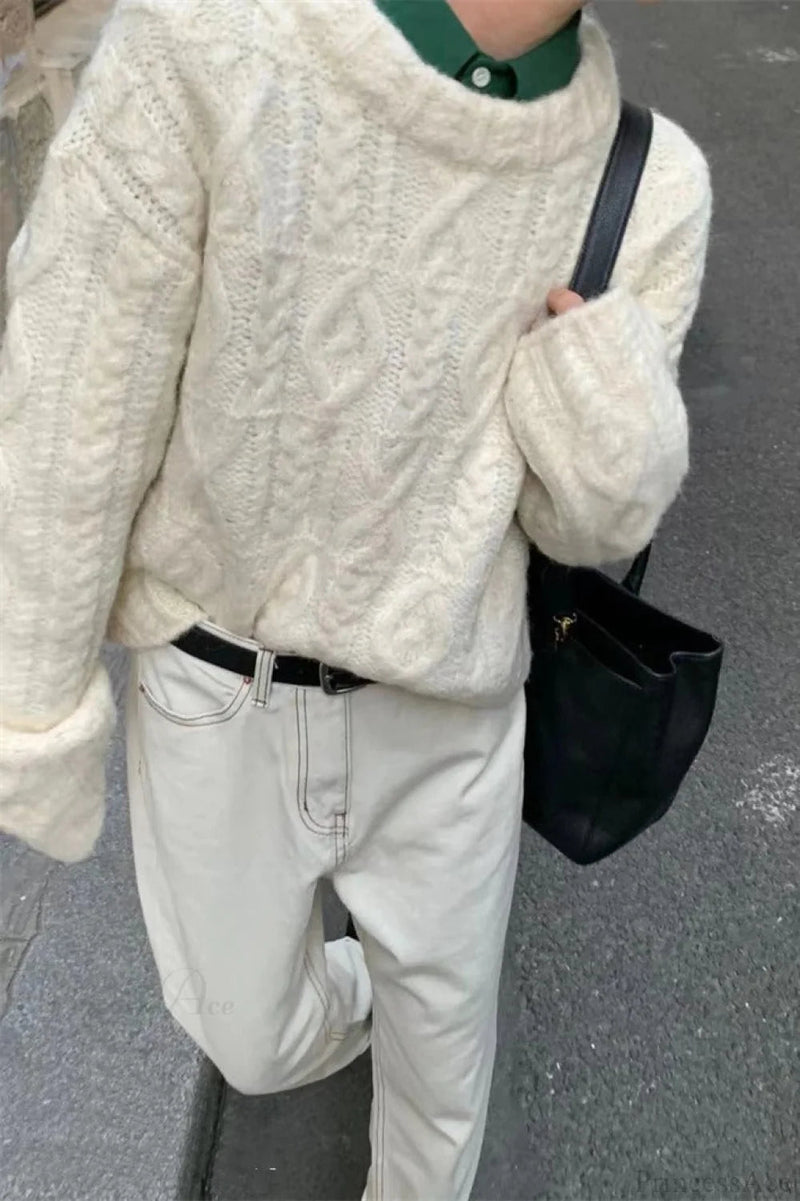 Thick Yarn Cable Loose Crew Neck Sweater