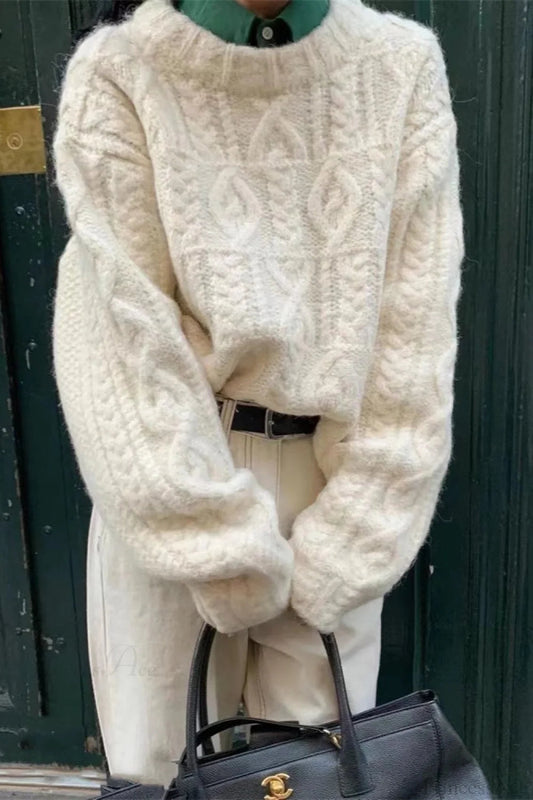 Thick Yarn Cable Loose Crew Neck Sweater