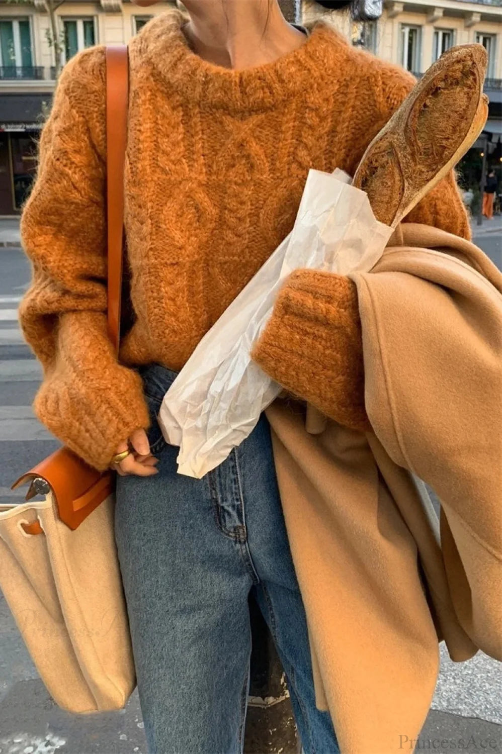 Thick Yarn Cable Loose Crew Neck Sweater