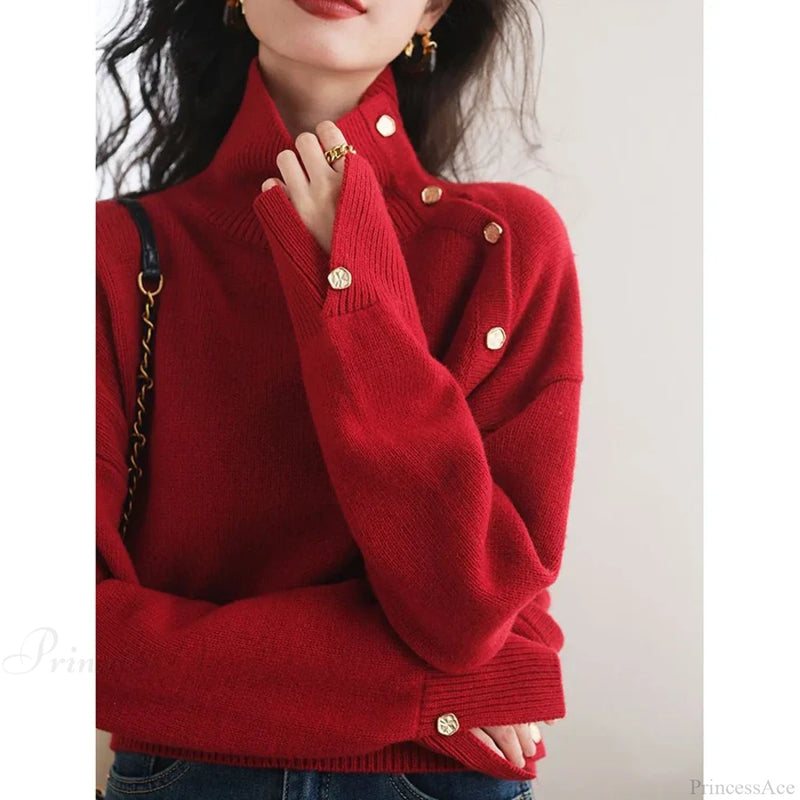 Turtleneck Buttons Long Sleeve Christmas Christmas Sweater