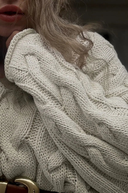 V-neck Loose Mid-length Cable Knit Long Sleeve Sweater